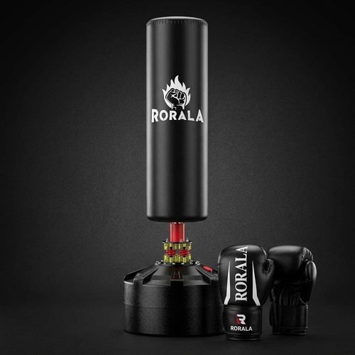 RORALA freestanding heavy bag with stand, gray, 70 inches tall, gloves included